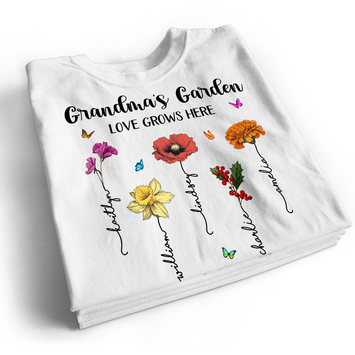 Grandma‘s Garden Love Grows Here Beautiful Birth Month Flower Mother‘s Day Gift For Grandma Mom Personalized Shirt