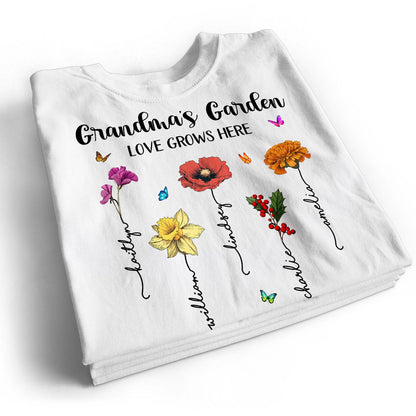 Grandma‘s Garden Love Grows Here Beautiful Birth Month Flower Mother‘s Day Gift For Grandma Mom Personalized Shirt