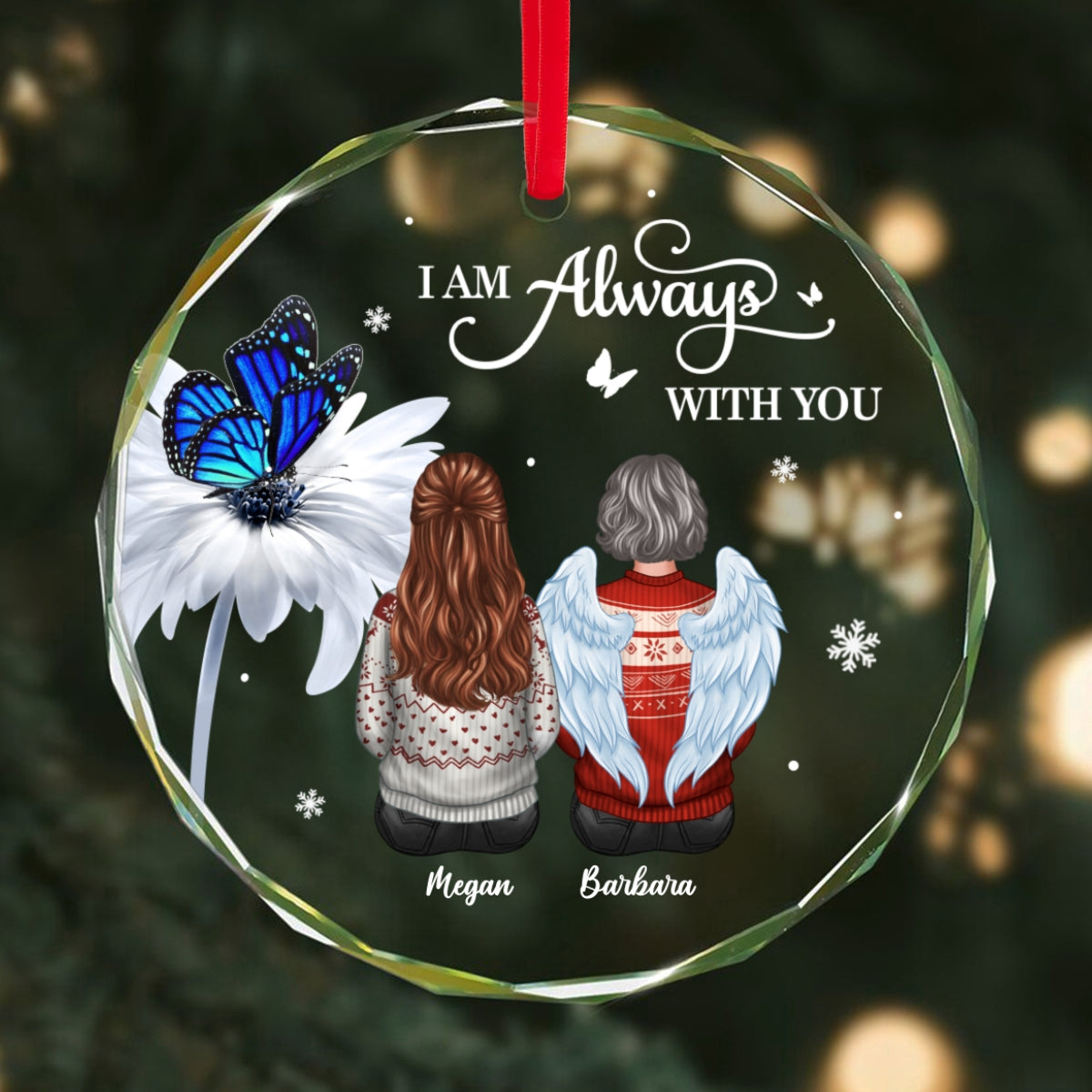 Butterfly Daisy Always With You Personalized Circle Glass Ornament, Heartfelt Memorial Gift For Your Loved One