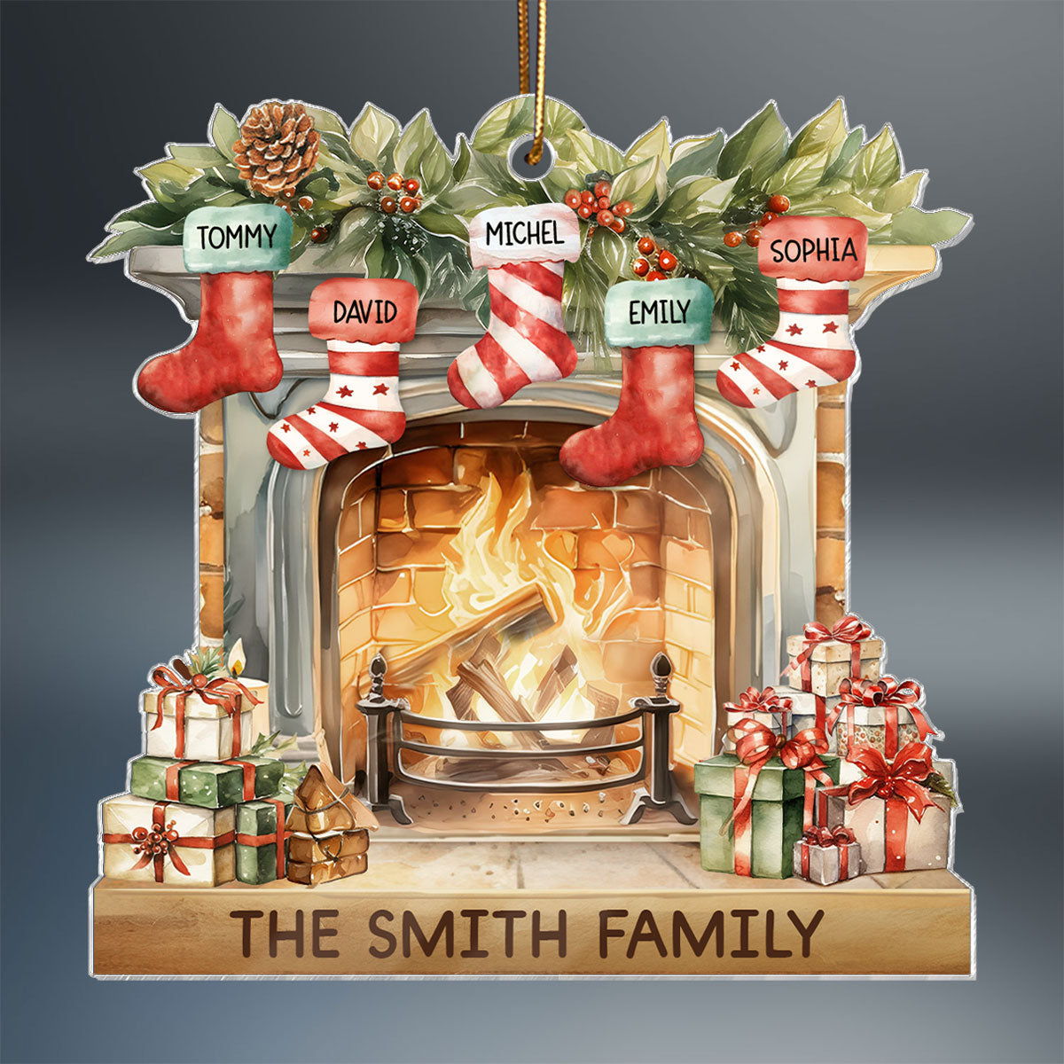 Vintage Christmas Stockings Fireplace Family Names Personalized Acrylic Ornament, Christmas Gift For Family