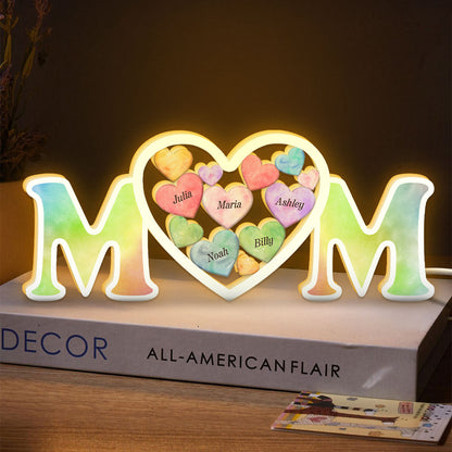 MOM Colorful Hearts In Heart Personalized Light Box, Mother's Day gift for Mom