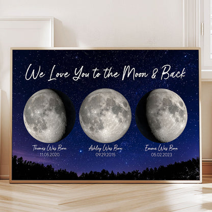 Love You To The Moon And Back Birth Moon Phase Personalized Poster, Gift For Mom, Grandma