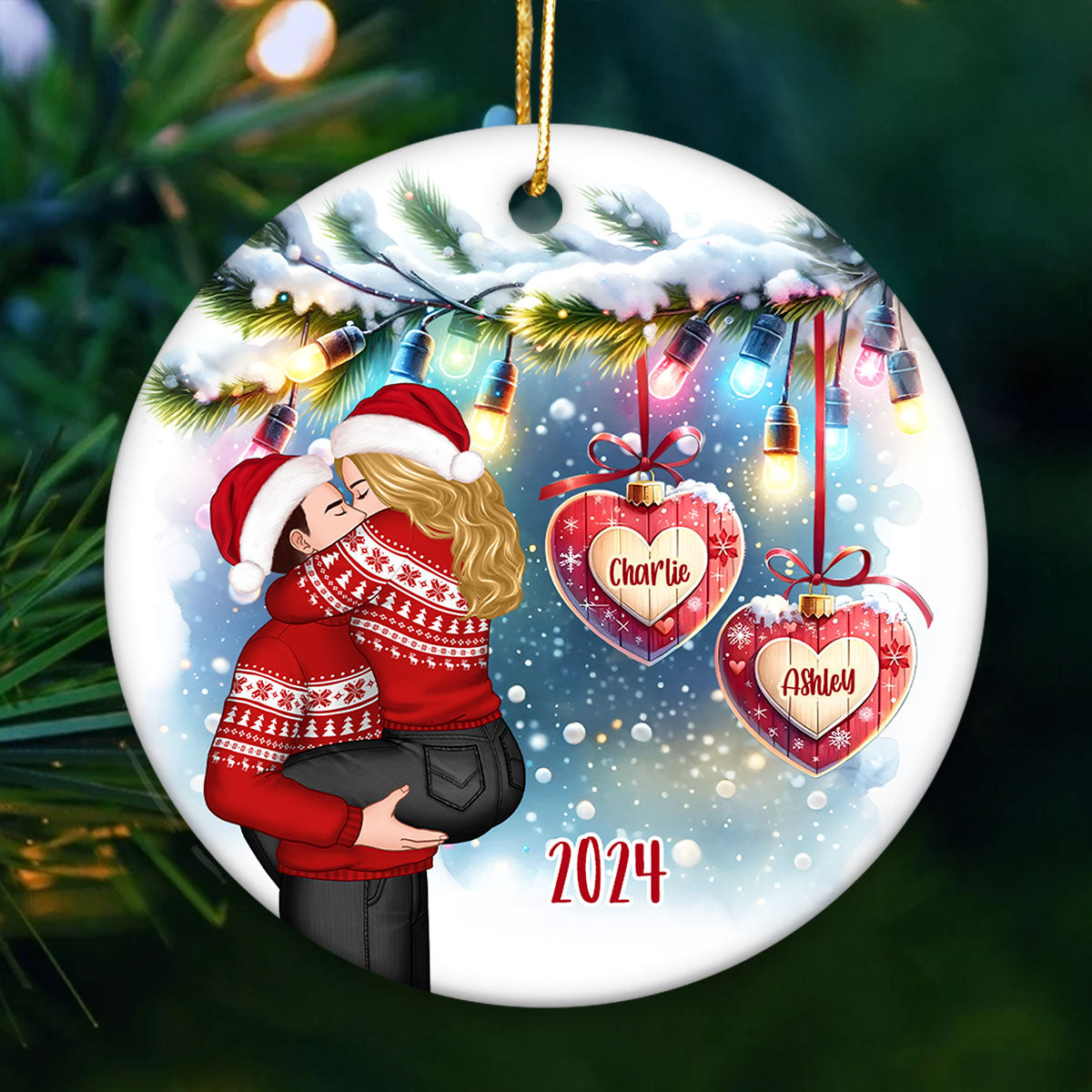 Christmas Hearts Couple Kissing Personalized Circle Ceramic Ornament