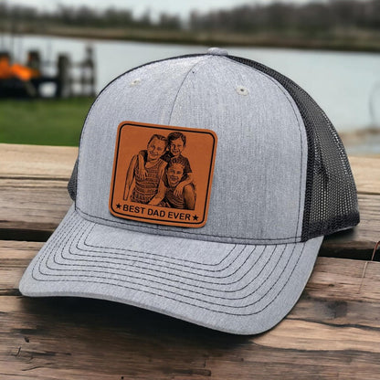 Family - Best Dad Ever Trucker Hat Engraved With Photo - Leather Patch Cap - The Next Custom Gift