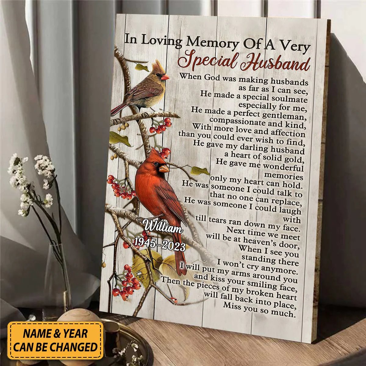 Family - Cardinal Birds Memory Of A Very Special Husband - Personalized Canvas - The Next Custom Gift