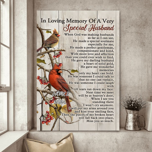 Family - Cardinal Birds Memory Of A Very Special Husband - Personalized Canvas - The Next Custom Gift