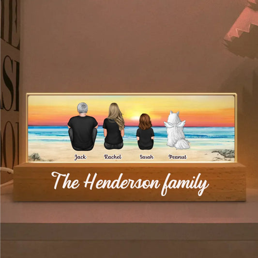 Family - Family Sitting Back View Retro Vintage Beach Landscape - Personalized Acrylic Plaque With LED Night Light - The Next Custom Gift