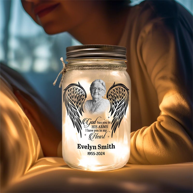 Family - God Has You In His Arm, I Have You In My Heart - Personalized Jar Light - The Next Custom Gift