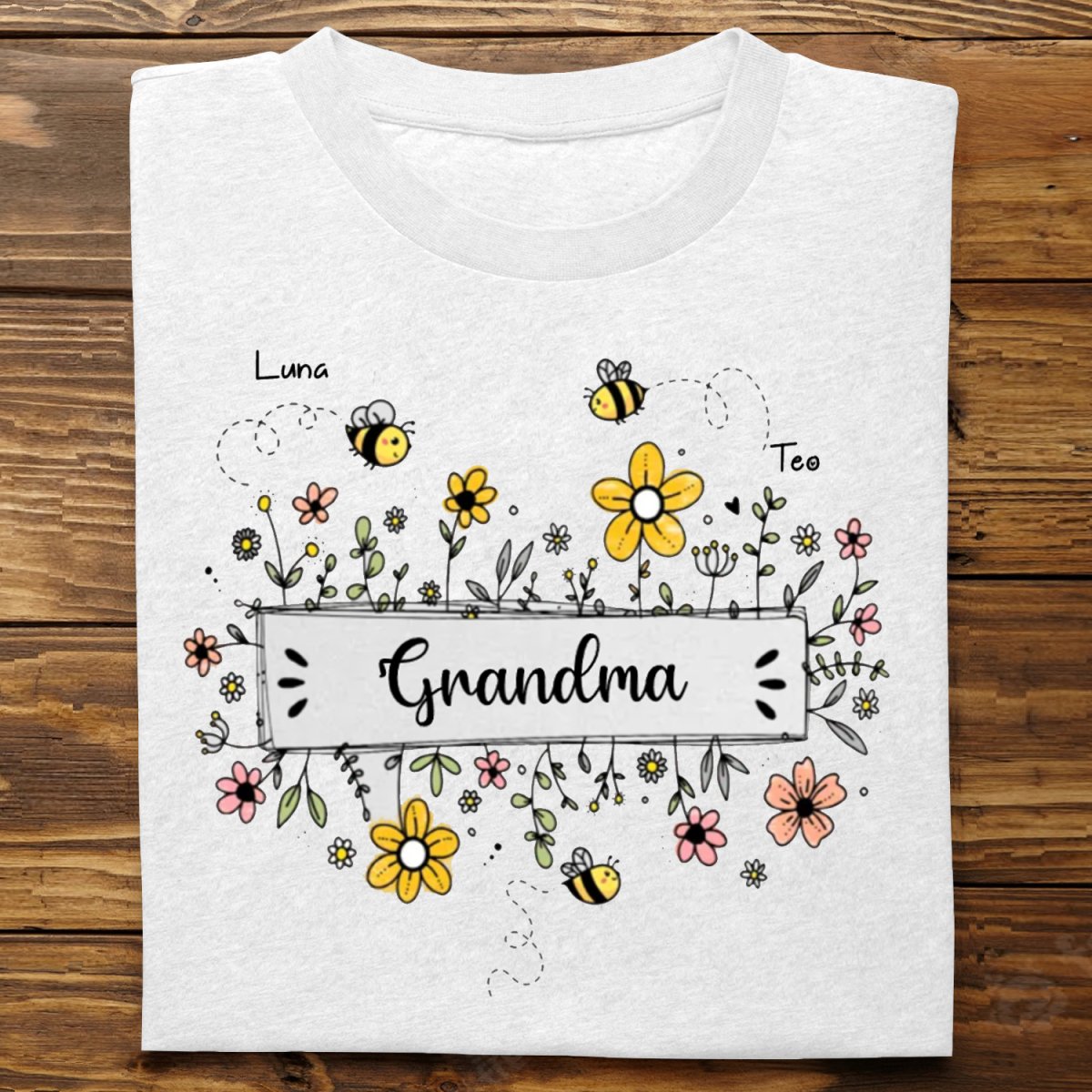 Family - Grandma Flower Bee And Grandkids - Personalized T - shirt - The Next Custom Gift