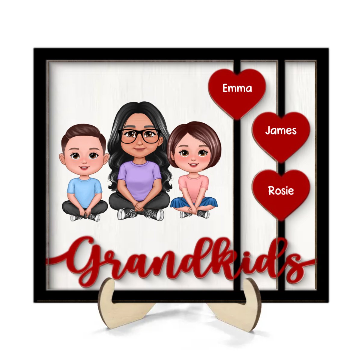 Family - Grandma Grandkids Crossed Legs Red Hearts - Personalized 2 - Layer Wooden Plaque - The Next Custom Gift