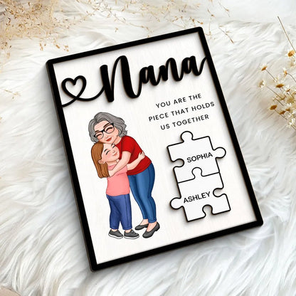 Family - Grandma Mom Kid Piece Holds Us Together - Personalized 2 - Layer Wooden Plaque - The Next Custom Gift
