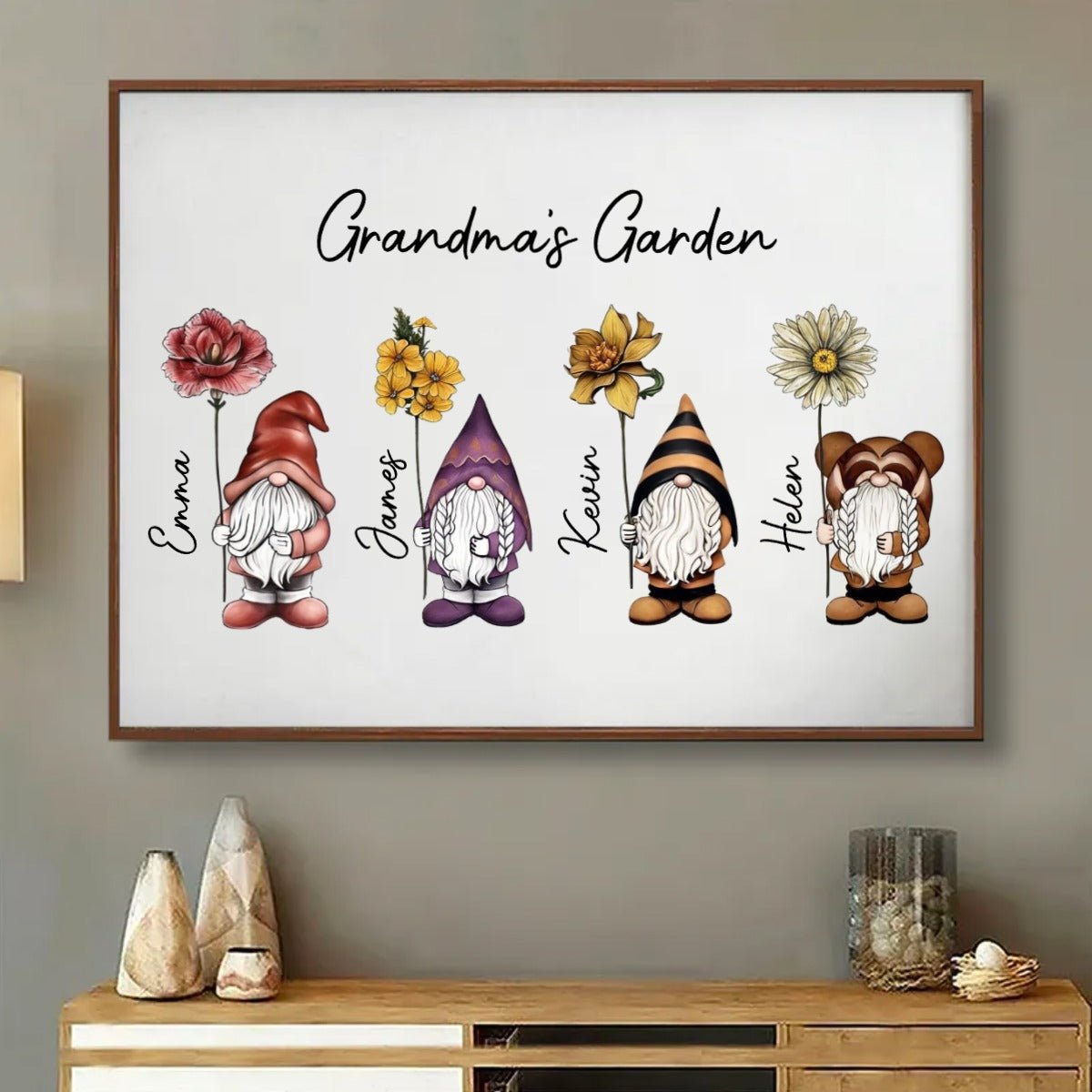 Family - Grandma‘s Garden Beautiful Vintage Birth Flowers Cute Gnomes Personalized Poster - The Next Custom Gift