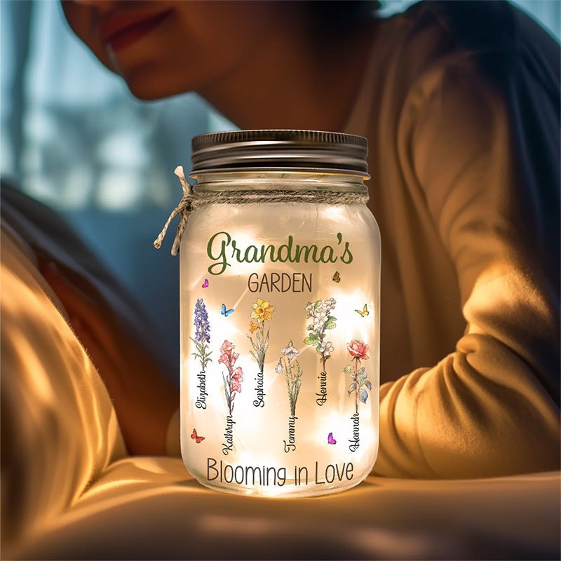 Family - Grandma's Garden Is Grown With Seeds Of Love - Personalized Mason Jar Light - The Next Custom Gift