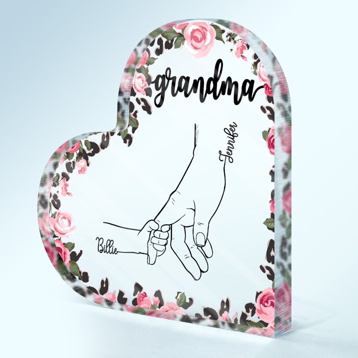 Family - Hand In Hand Leopard Flower - Gift For Mom, Mum, Nana, Grandma - Personalized Heart Acrylic Plaque - The Next Custom Gift