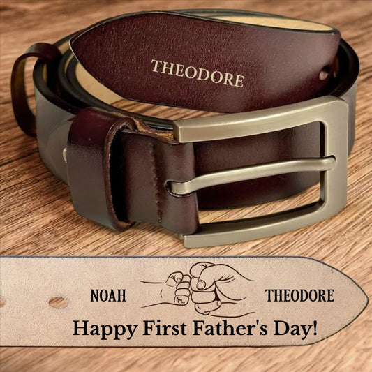 Family - Happy First Father's Day Fist Bump Daddy And Baby - Personalized Engraved Leather Belt (HJ) - The Next Custom Gift