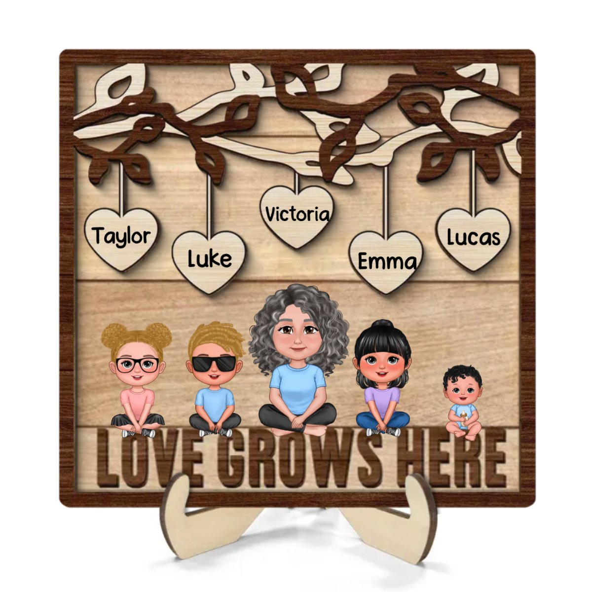 Family - Love Grows Here Grandma Grandkids - Personalized 2 - Layer Wooden Plaque - The Next Custom Gift