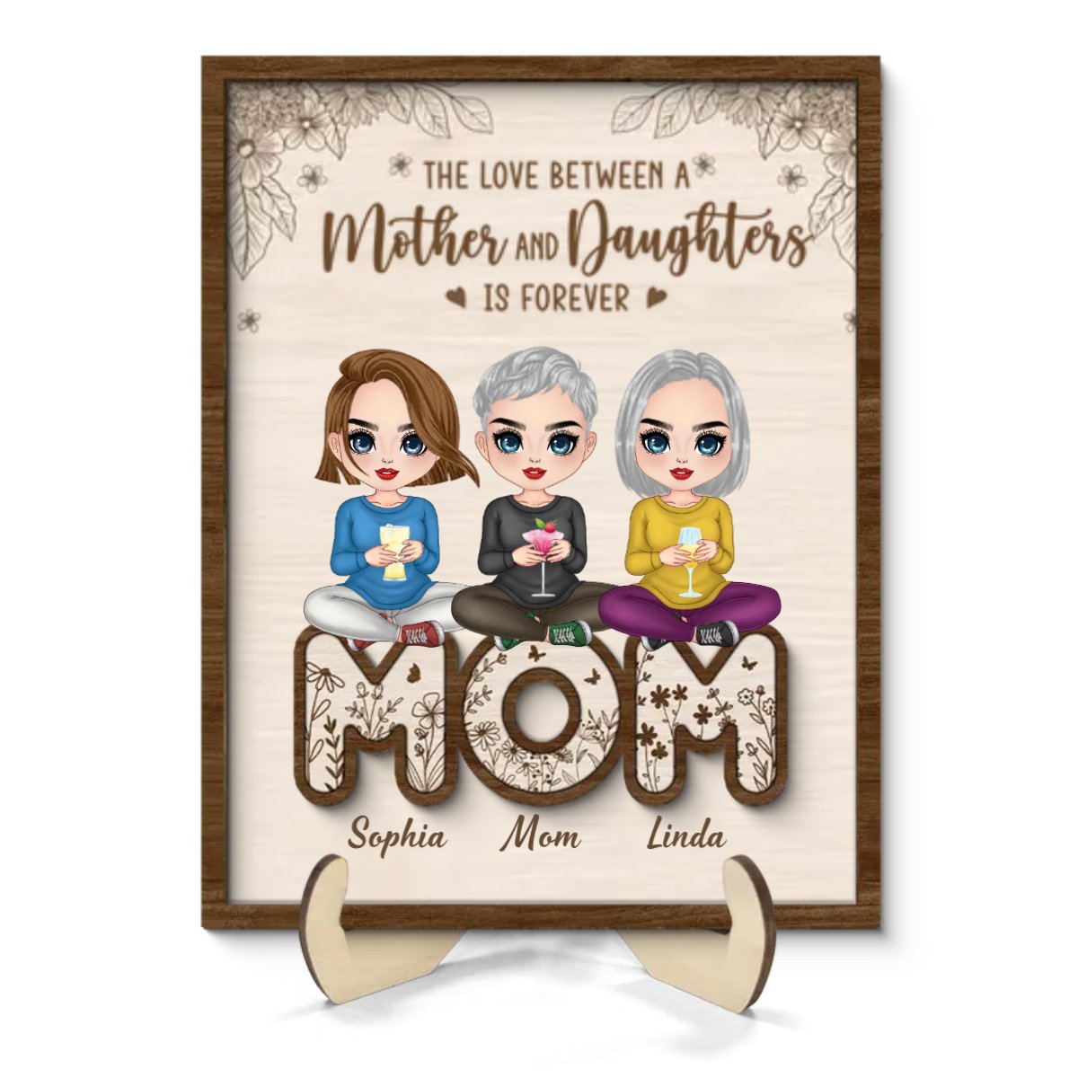 Family - Mom And Daughters Sitting On Word Mother‘s Day Gift - Personalized Wooden Plaque - The Next Custom Gift