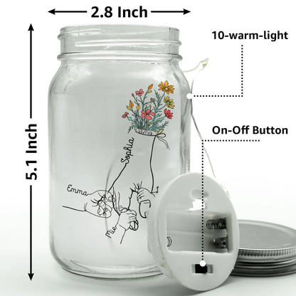 Family - Mom Grandma Floral Hands Holding - Personalized Mason Jar Light - The Next Custom Gift