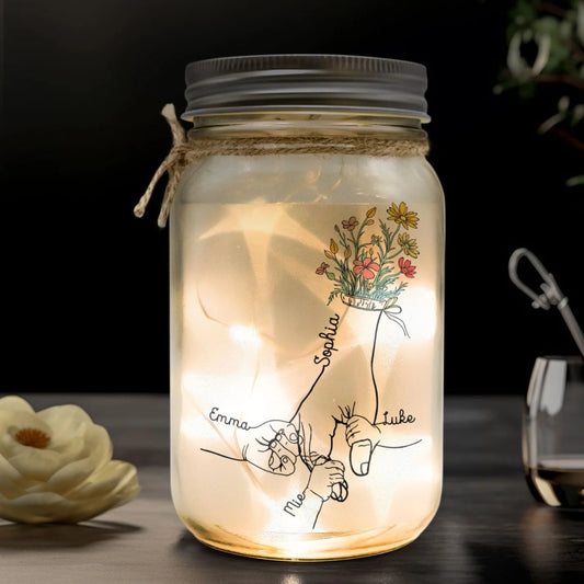 Family - Mom Grandma Floral Hands Holding - Personalized Mason Jar Light - The Next Custom Gift
