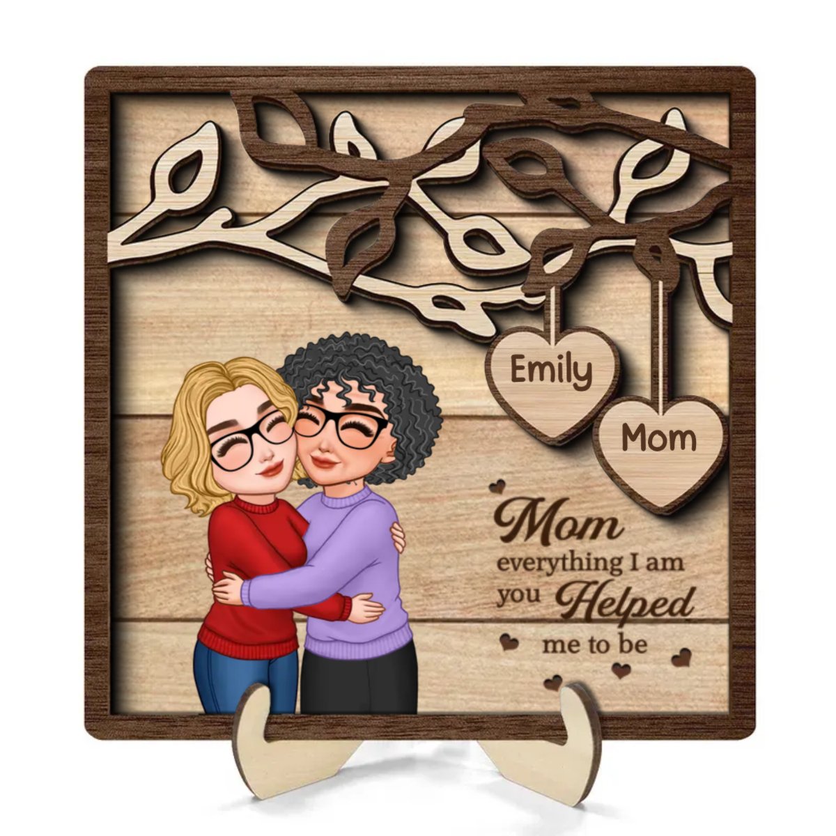Family - Mom Hugging Daughter Son Under Tree - Personalized Wooden Plaque - The Next Custom Gift