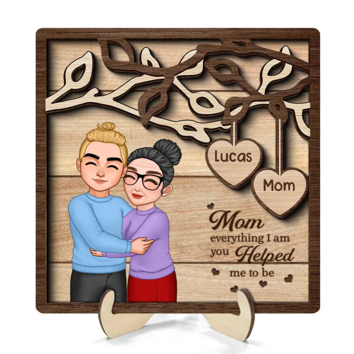 Family - Mom Hugging Daughter Son Under Tree - Personalized Wooden Plaque - The Next Custom Gift