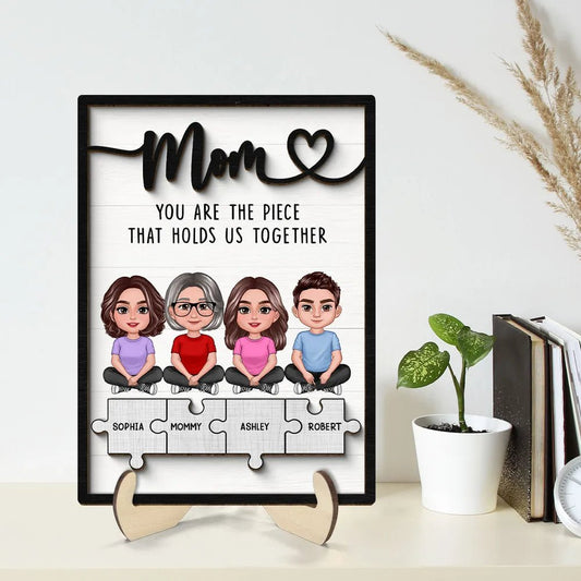 Family - Mom Kids Crossed Legs Piece Holds Us Together - Personalized 2 - Layer Wooden Plaque - The Next Custom Gift
