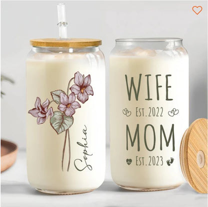 Family - Mom Wife Est Birthday Flower Custom Month - Personalize Glass Can - The Next Custom Gift