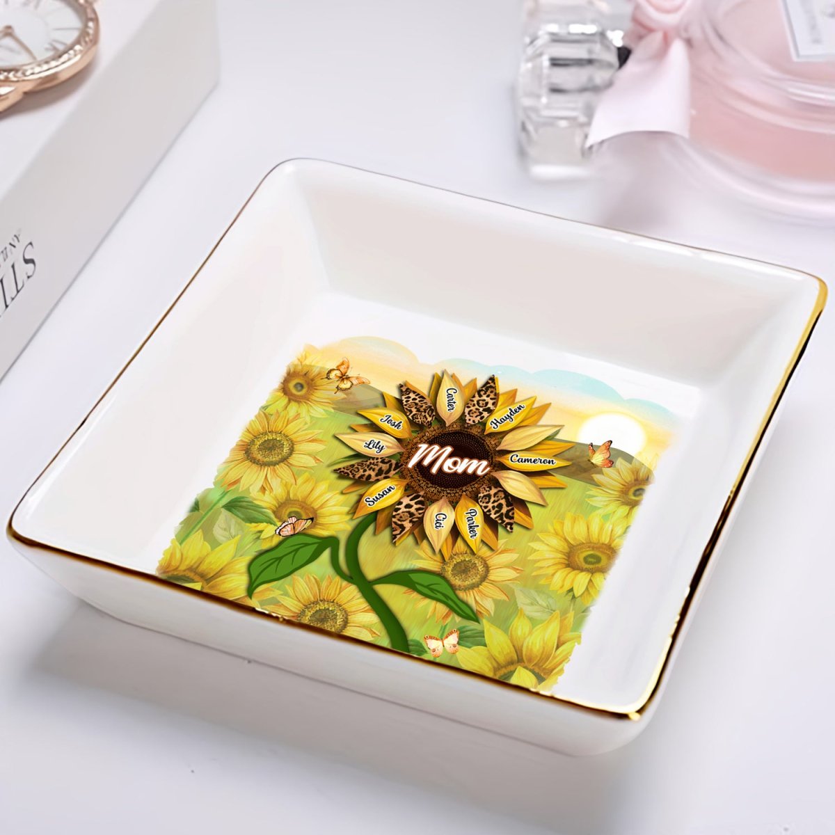 Family - Nana, Mom, Auntie Sunflower - Birthday, Loving Gift For Mother, Grandma, Grandmother - Personalized Ring Dish - The Next Custom Gift