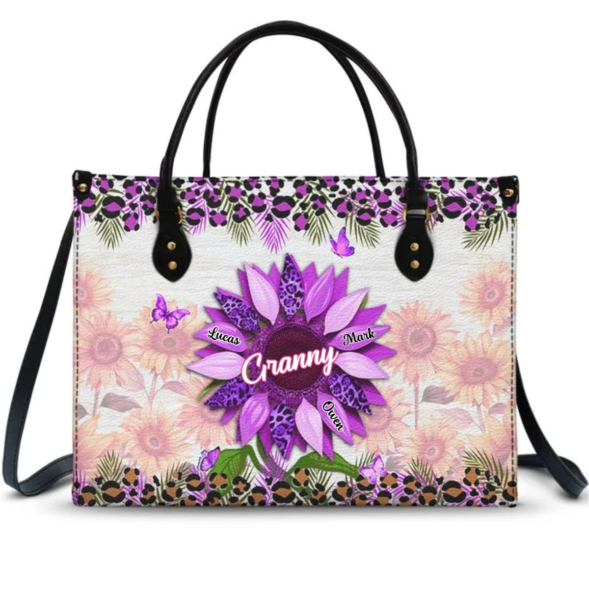 Family - Nana, Mom, Auntie Sunflower - Personalized Leather Bag - The Next Custom Gift