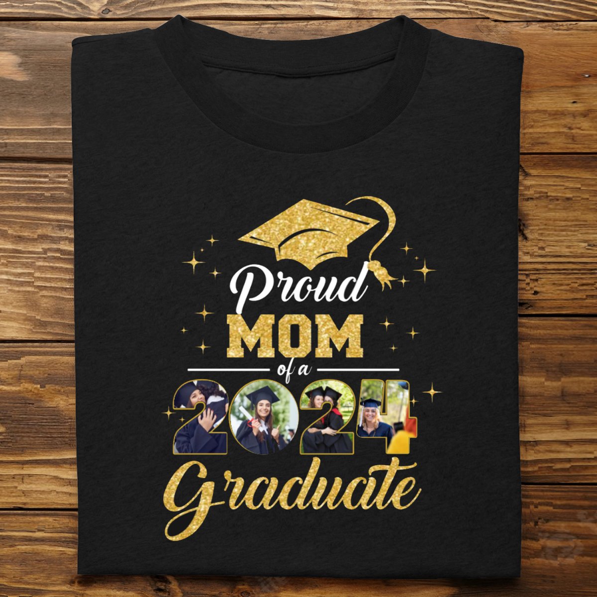 Family - Proud Mom With Gold Glitter Graduation - Personalized T - Shirt(NV) - The Next Custom Gift