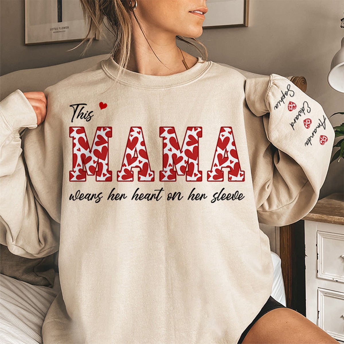 Family - This Mama Wears Her Heart On Her Sleeve - Personalized Sweatshirt - The Next Custom Gift