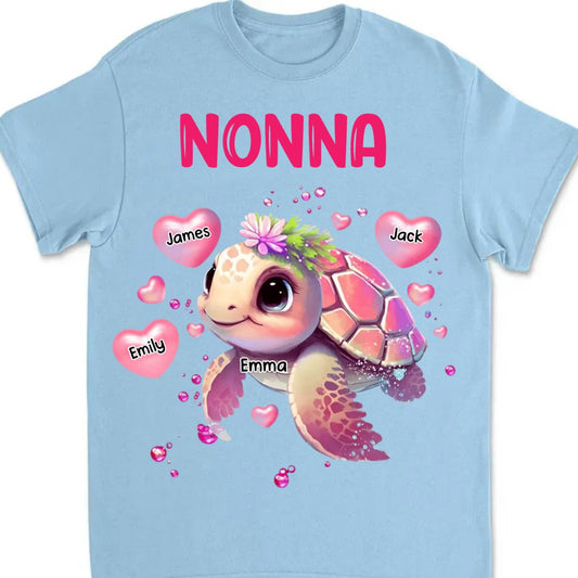 Family - Turtle Grandma Hearts & Kid Names - Personalized Unisex T - shirt - The Next Custom Gift