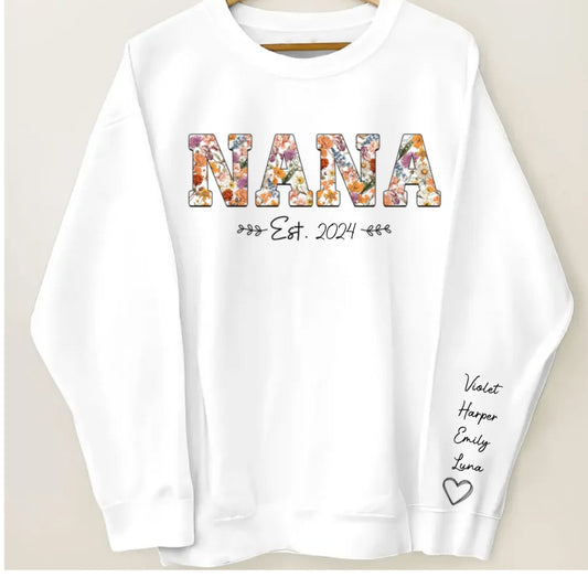 Family - Vintage Flowers Grandma Est With Grandkids Names - Personalized Sweatshirt - The Next Custom Gift