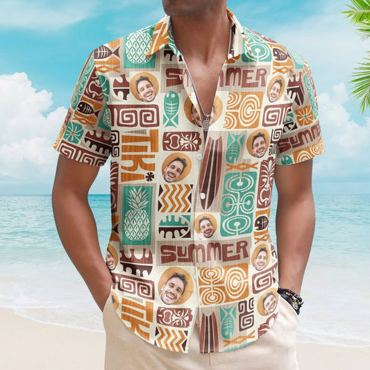 Father - Customize Face With Exotic Tiki Pattern - Personalized Photo Hawaiian Shirt (AB) - The Next Custom Gift