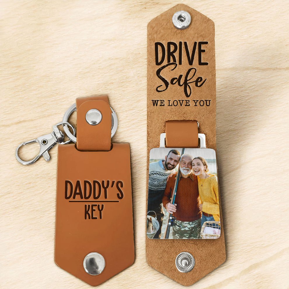 Father - Daddy's Keys Drive Safe I Love You - Personalized Leather Keychain - The Next Custom Gift