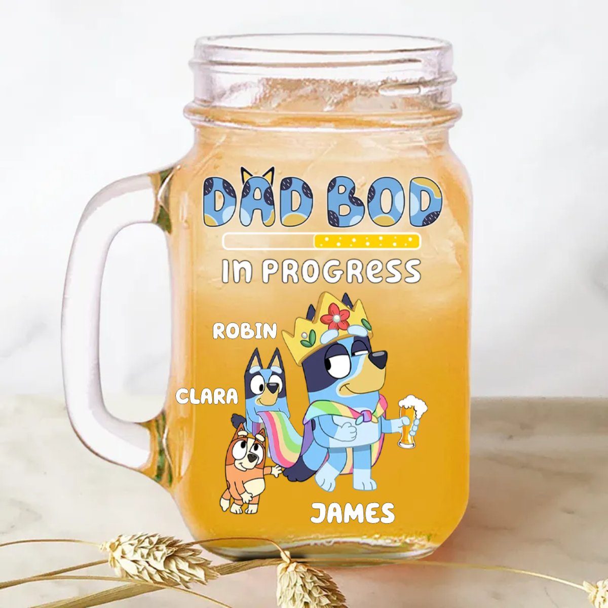 Father's Day - Dad Bod In Progress Bluey Family - Personalize Drinking Jar (HJ) - The Next Custom Gift