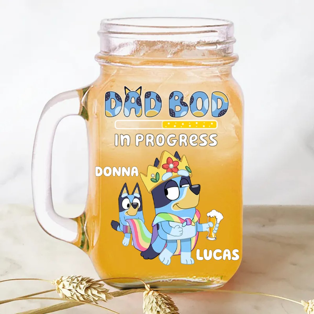 Father's Day - Dad Bod In Progress Bluey Family - Personalize Drinking Jar (HJ) - The Next Custom Gift