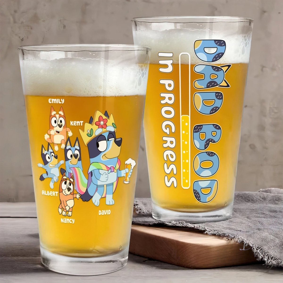 Father's Day - Dad Bod In Progress Bluey Family - Personalized Beer Glass - The Next Custom Gift