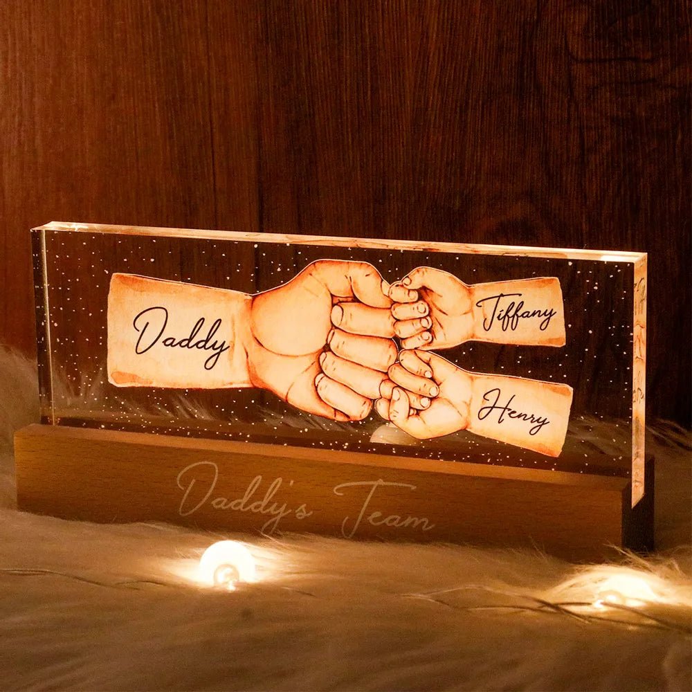 Father's Day - Daddy's Team Fist Bump - Personalized Acrylic Plaque With LED Night Light - The Next Custom Gift