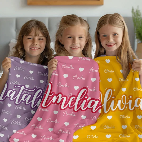 Personalised Heart Icon Multicolor Name Soft Throw Blanket Birthday Christmas Gift for Boys Girls Family