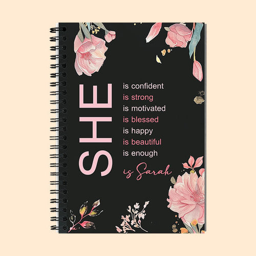 Personalised Self Care She Is Me Black A5 Spiral Journal Notebook with Name Flower Design 120 Pages Birthday Affirmation Gift for Women Girls