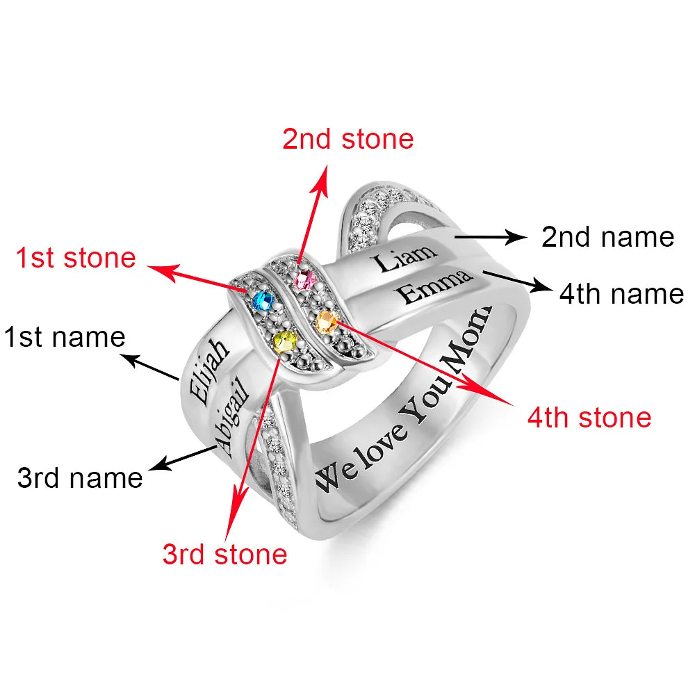 Personalised Ribbon Knot Ring with 1-8 Birthstones and Engraved Names Zircon Family Jewellery Mother's Day Birthday Gift for Mom Grandma