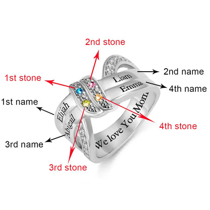 Personalised Ribbon Knot Ring with 1-8 Birthstones and Engraved Names Zircon Family Jewellery Mother's Day Birthday Gift for Mom Grandma