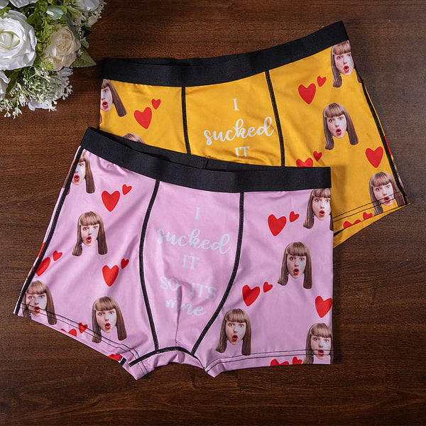 Personalised Face Photo Boxer Brief with Love Hearts I Sucked It So Its Mine Funny Quote Men's Underwear Valentine's Day Birthday Gift for Him