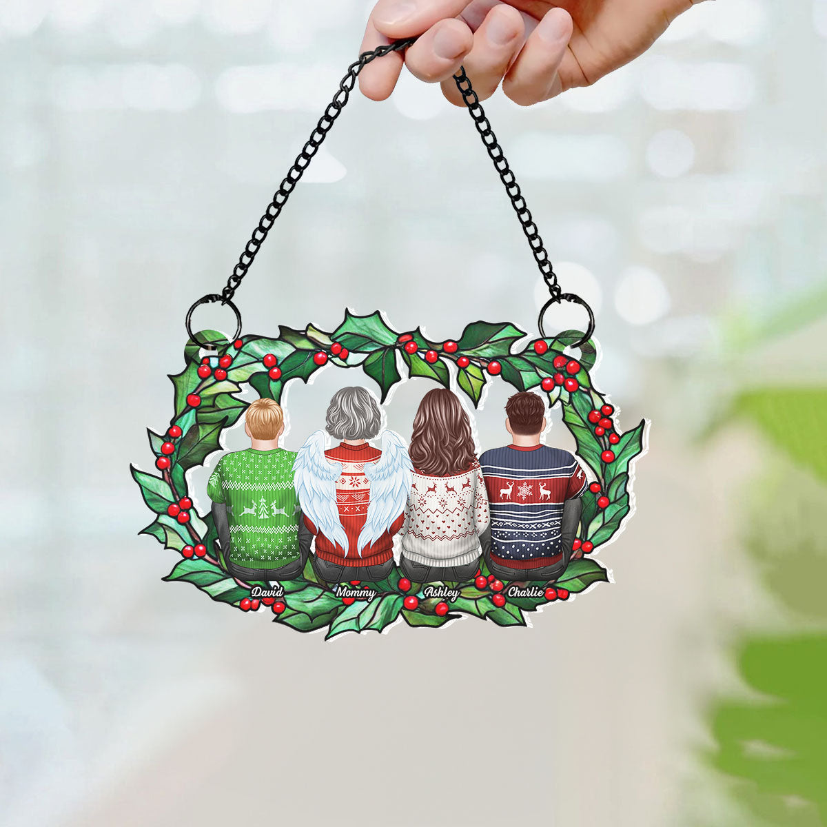 Family Sitting Back View Holly Branch Personalized Suncatcher, Heartfelt Memorial Gift For Your Loved One