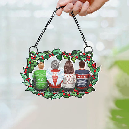 Family Sitting Back View Holly Branch Personalized Suncatcher, Heartfelt Memorial Gift For Your Loved One