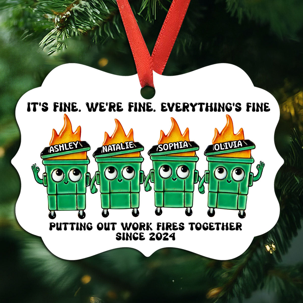 Putting Out Work Fires Together Work Bestie Dumpster Fire Funny Gift For Colleagues Personalized Aluminum Ornament