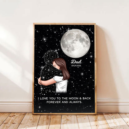 Lost Loved One Woman Hugging Moon Phase Galaxy Art Memorial Sympathy Gift Personalized Poster