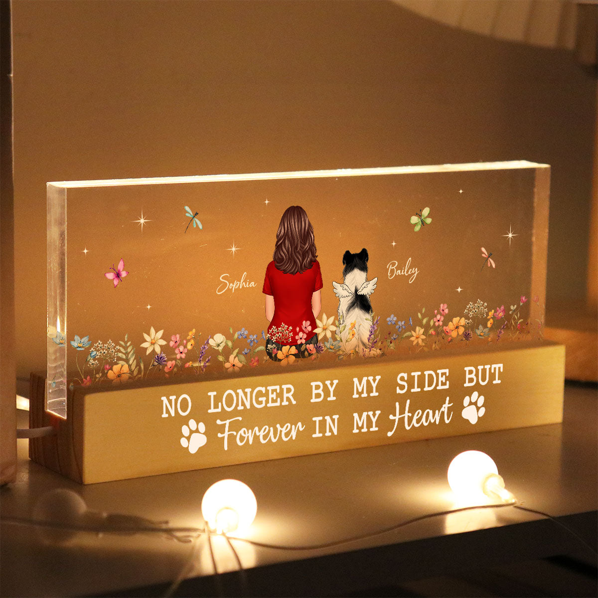 Forever In My Heart Dog Cat Memorial Floral Sympathy Gift Memorial Keepsake Personalized Acrylic Block LED Night Light