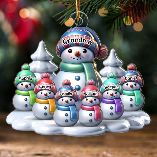 3D Effect Winter Grandma & Grandkids Snowmen Christmas Personalized Acrylic Ornament